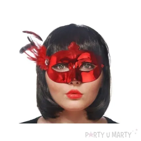 maska karnawalowa czerwona z piorkiem