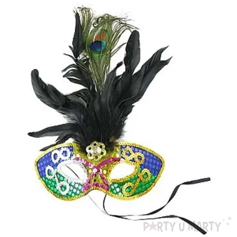 maska karnawalowa niebiesko zielona cekinowa z piorami