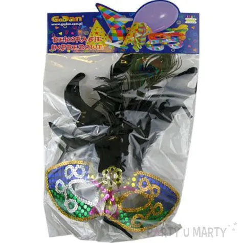 maska karnawalowa niebiesko zielona cekinowa z piorami