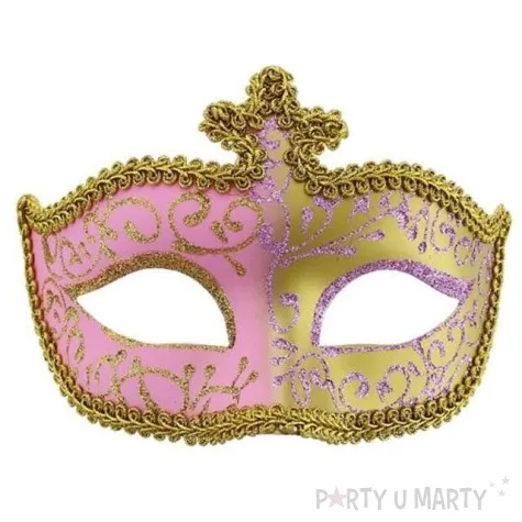 maska karnawalowa rozowo zlota z korona