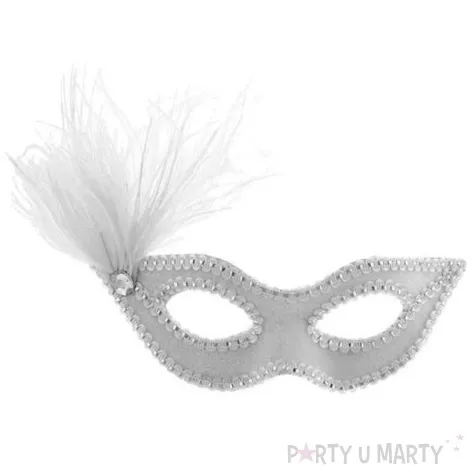 maska karnawalowa srebrna cekinowa z piorkiem