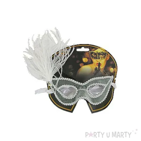 maska karnawalowa srebrna cekinowa z piorkiem