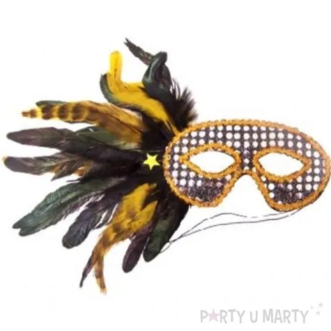 maska karnawalowa srebrno zlota z piorami