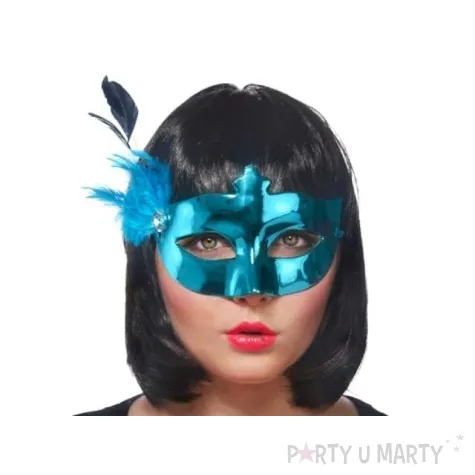 maska karnawalowa turkusowa z piorkiem