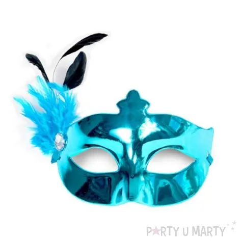 maska karnawalowa turkusowa z piorkiem