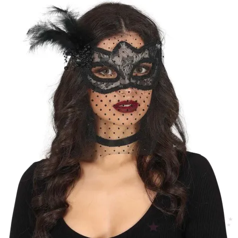 maska karnawalowa wenecka azurowa piorko welon czarny guirca