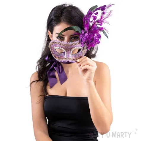 maska karnawalowa wenecka brokatowe dodatki i piora fioletowy carnivaltoys