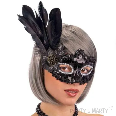 maska karnawalowa wenecka cekiny i piora czarna carnival toys