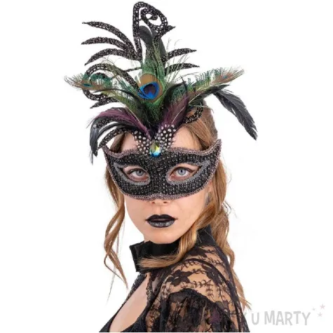 maska karnawalowa wenecka krysztalki i pawie piora czarny carnivaltoys