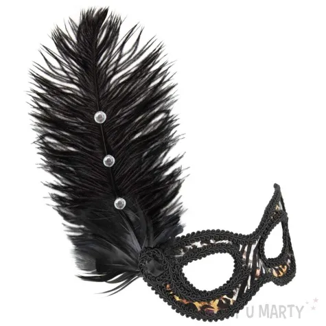 maska karnawalowa wenecka lampart z piorami czarny partypal