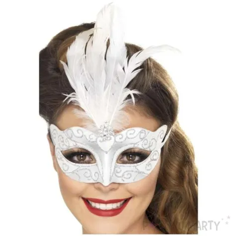 maska karnawalowa wenecka srebrne ornamenty biala smiffys