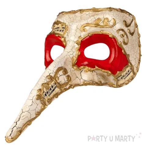 maska karnawalowa wenecka z nosem bialo zloty partytino
