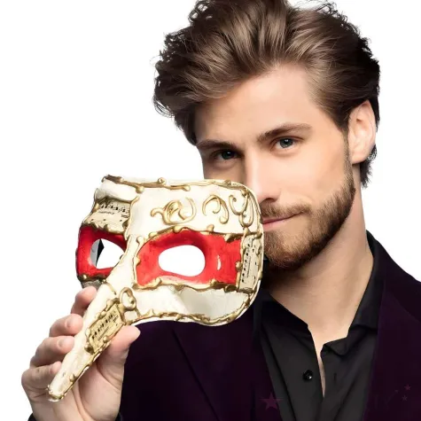 maska karnawalowa wenecka z nosem bialo zloty partytino