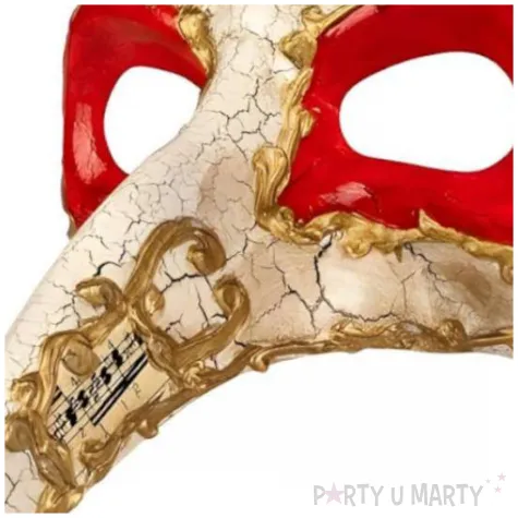 maska karnawalowa wenecka z nosem bialo zloty partytino