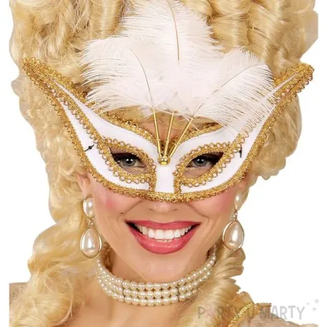 maska karnawalowa wenecka z piorami bialy widmann