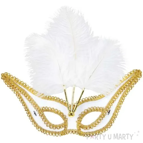 maska karnawalowa wenecka z piorami bialy widmann