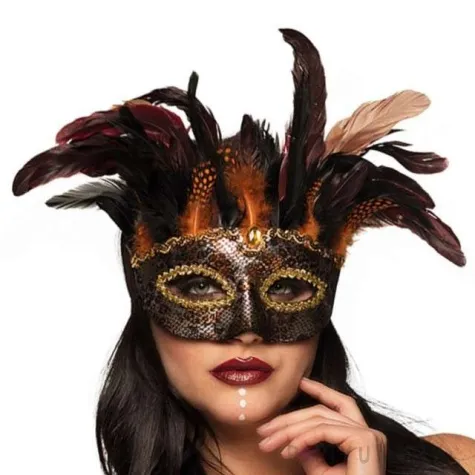 maska karnawalowa wenecka z piorami brazowa godan