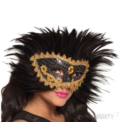 maska karnawalowa wenecka z piorami czarna godan