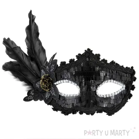 maska karnawalowa wenecka z piorami czarny partypal