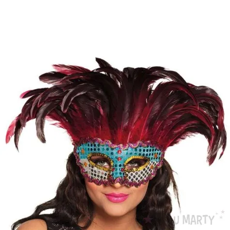 maska karnawalowa wenecka z piorami czerwona godan