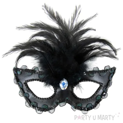 maska karnawalowa wenecka z piorami i klejnotem czarny partypal
