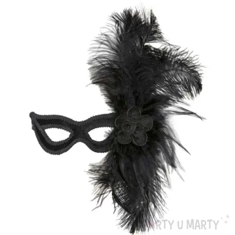 maska karnawalowa wenecka z piorami i roza czarny widmann