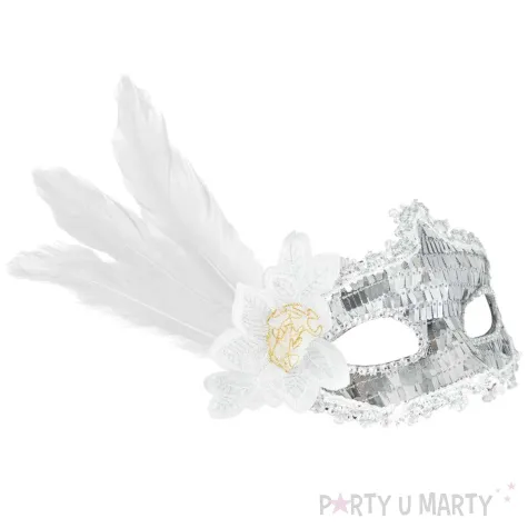 maska karnawalowa wenecka z piorami srebrny partypal