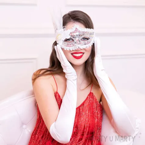 maska karnawalowa wenecka z piorami srebrny partypal