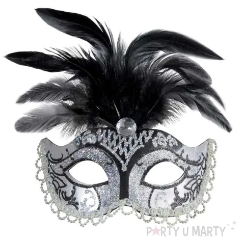 maska karnawalowa wenecka z piorami srebrny widmann