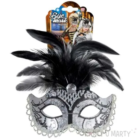 maska karnawalowa wenecka z piorami srebrny widmann