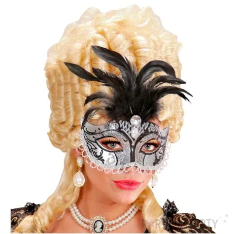 maska karnawalowa wenecka z piorami srebrny widmann