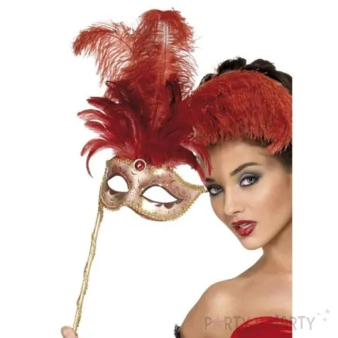 maska karnawalowa wenecka z piorami zlote cyrkonie rozowa zlota smiffys