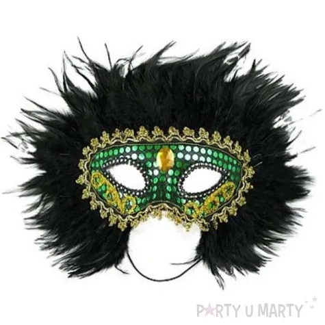 maska karnawalowa zielono zlota z piorami