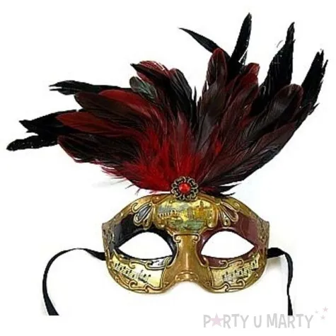 maska karnawalowa zlota czerwone piora