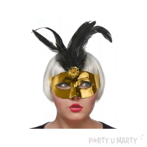 maska karnawalowa zlota z czarnym piorem