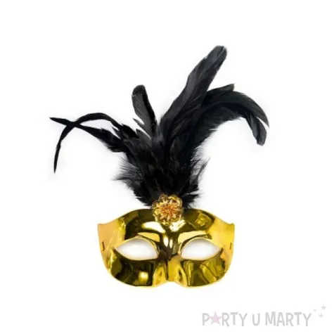 maska karnawalowa zlota z czarnym piorem