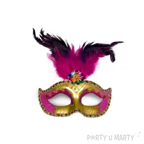 maska karnawalowa zloto rozowa z piorami