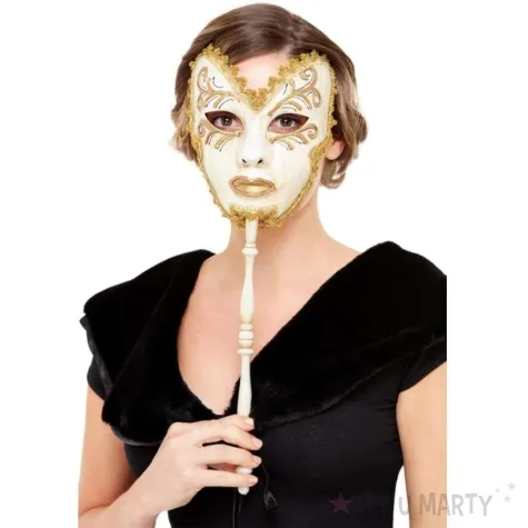 maska wenecka na raczce kremowo zlota smiffys