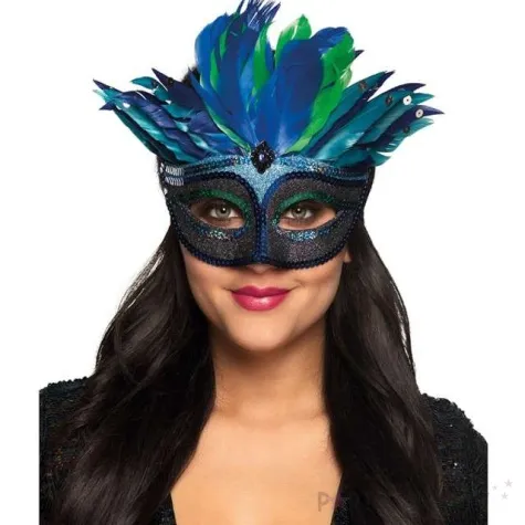 maska wenecka z piorami niebieska boland