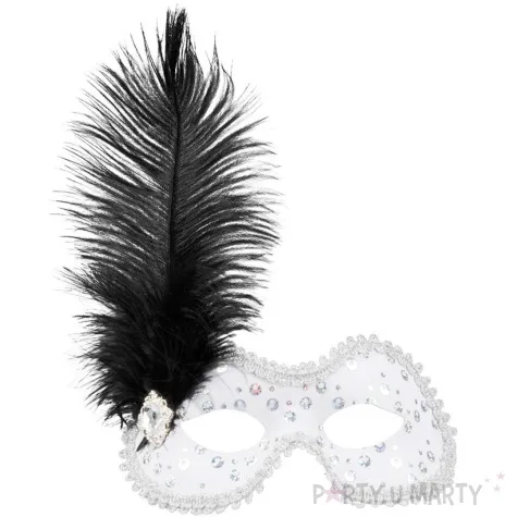 maska wenecka z piorkiem biala boland