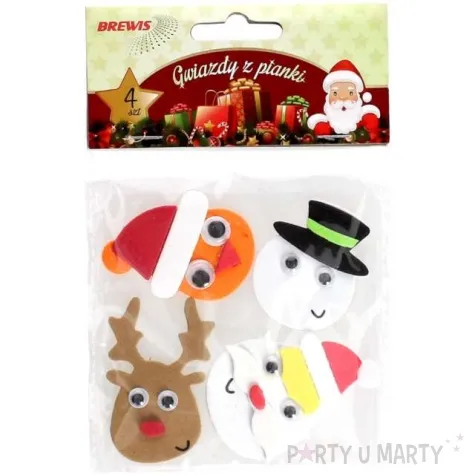 naklejki glowa mikolaja renifera balwanka piankowe z brokatem brewis 4 szt