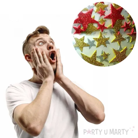 naklejki gwiazdki zloto czerwone piankowe z brokatem brewis