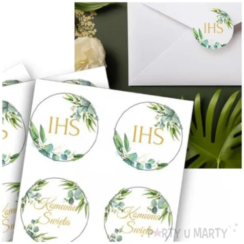 naklejki komunia swieta eukaliptus zloto bialy czakos 18 szt