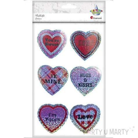naklejki party serca holograficzne z napisami mix 6 szt