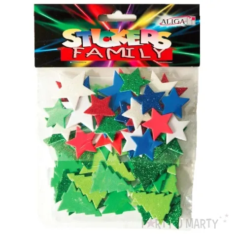 naklejki piankowe gwiazdki i choinki brokatowe mix aliga 56 szt