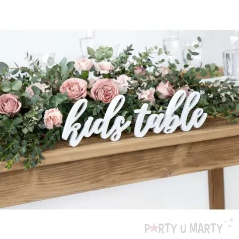 napis drewniany kids table bialy partydeco 1szt