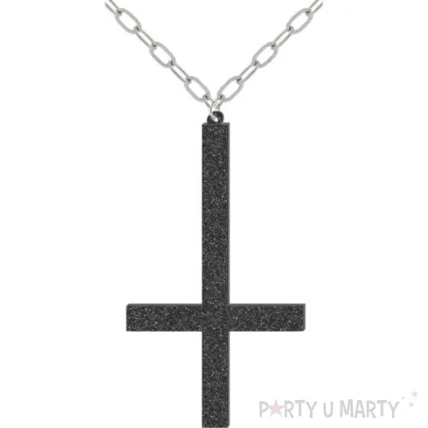 naszyjnik krzyz odwrocony l na lancuszku czarny brokat 12 5cm