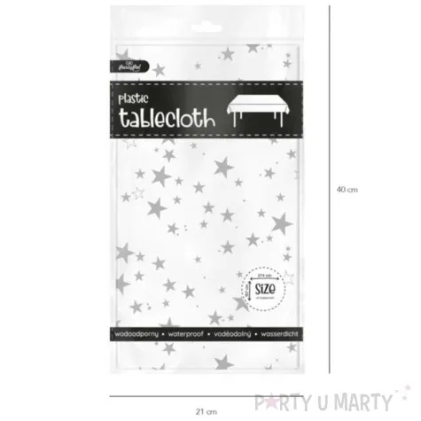 obrus foliowy gwiazdki bialo srebrny partypal 137 x 274 cm