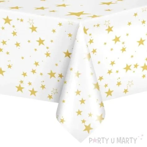 obrus foliowy gwiazdki bialo zloty partypal 137 x 274 cm