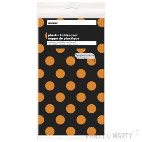 obrus foliowy kropki czarno pomaranczowy 137 x 247 cm